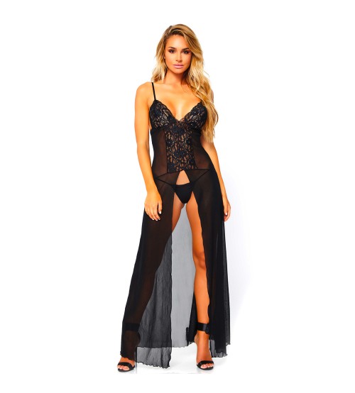 Leg Avenue Mesh And Lace High Slit Gown And String - Fits UK 8 to 14